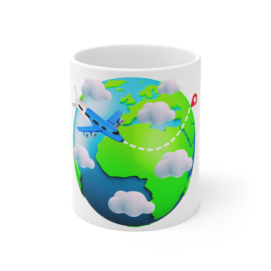 Front view of Travel Airplane Mug with airplane graphic design