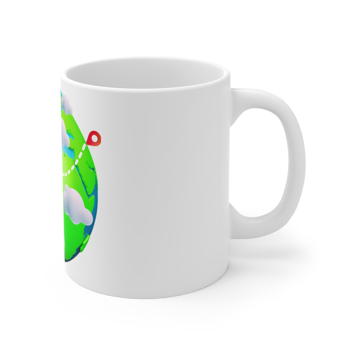 Right side of Travel Airplane Mug featuring flying airplane artwork