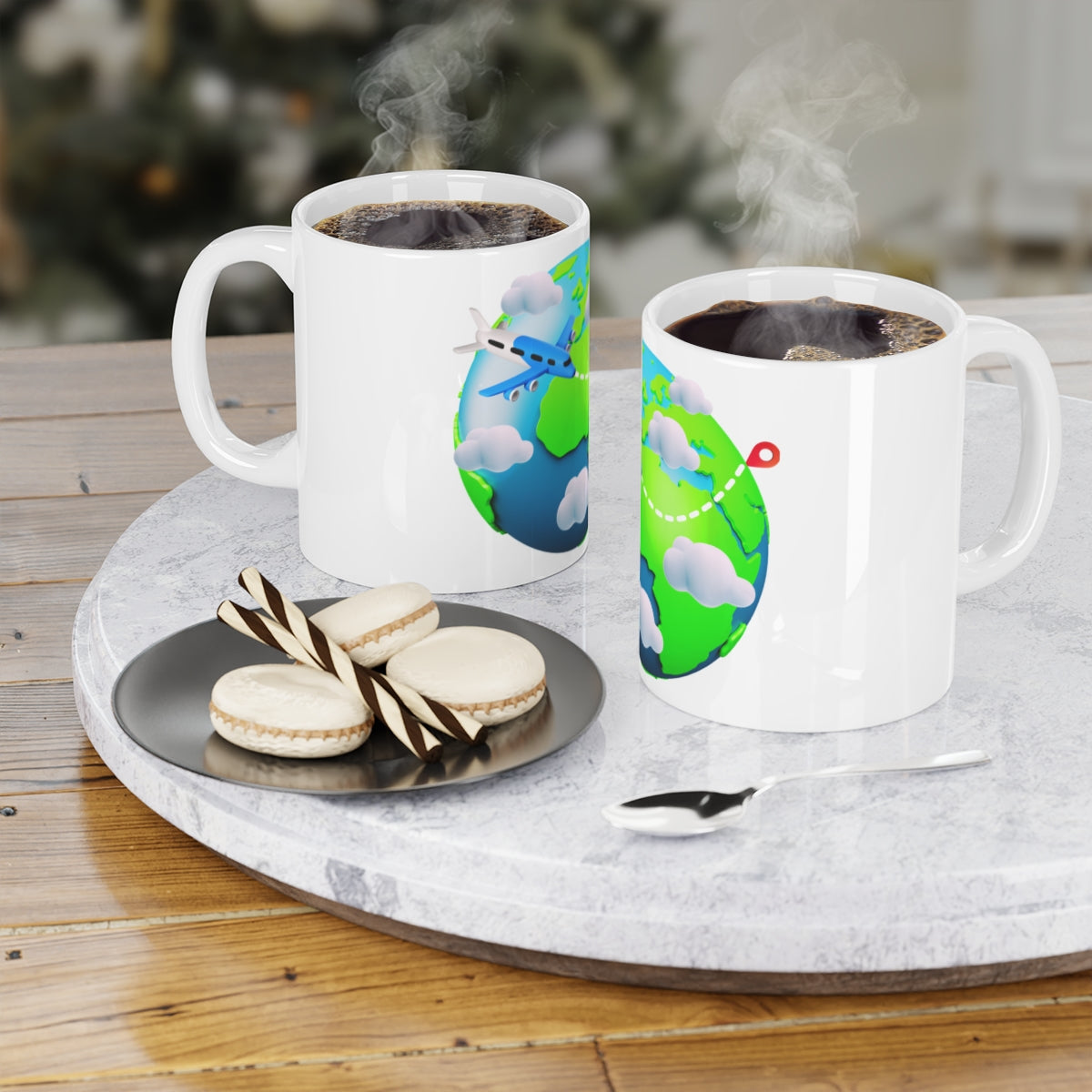 Travel Airplane Mug placed on travel bag with passport and map in background