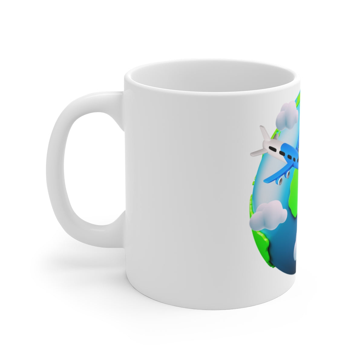 Left side of Travel Airplane Mug showing handle and design detail