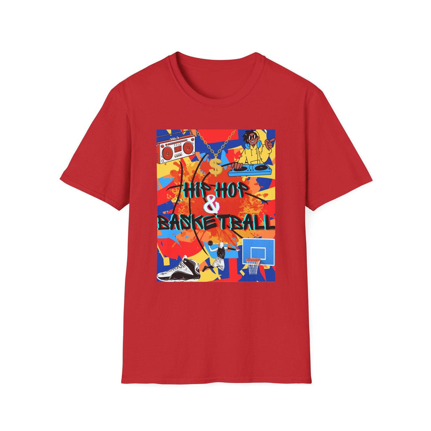 Hip Hop & Basketball Tee in red, trendy basketball and hip hop streetwear mockup