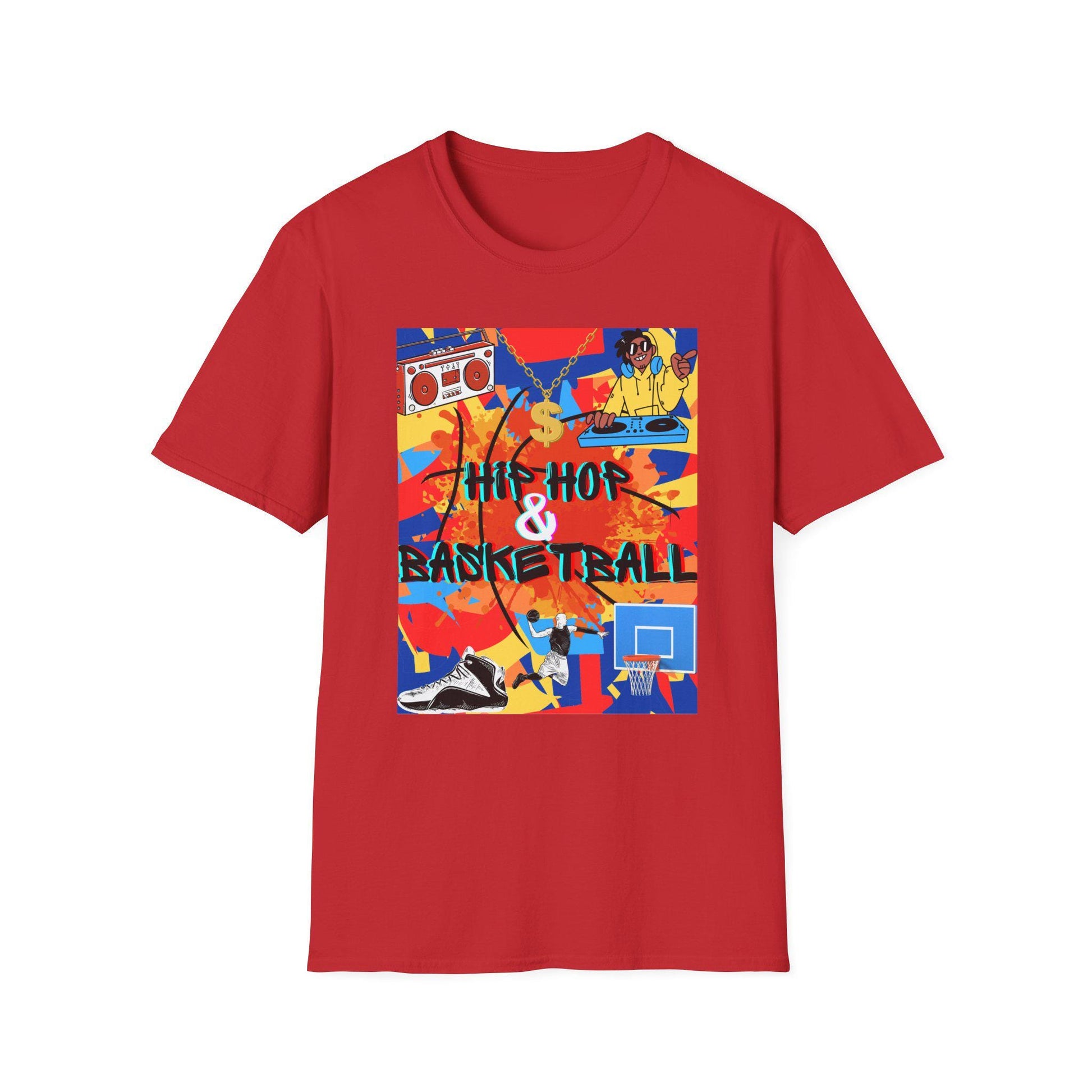 Hip Hop & Basketball Tee in red, trendy basketball and hip hop streetwear mockup