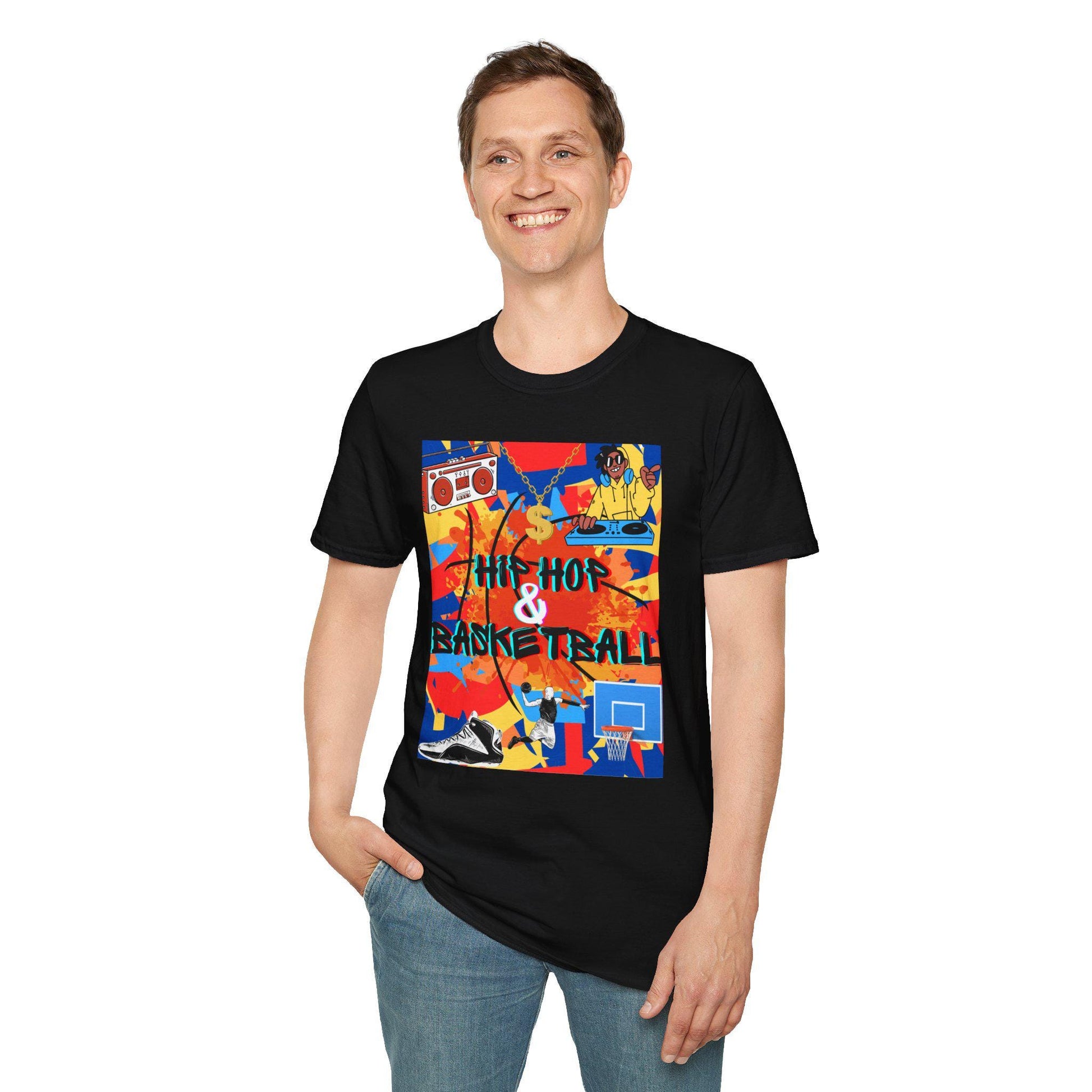 Man wearing black Hip Hop & Basketball Tee, basketball culture street fashion