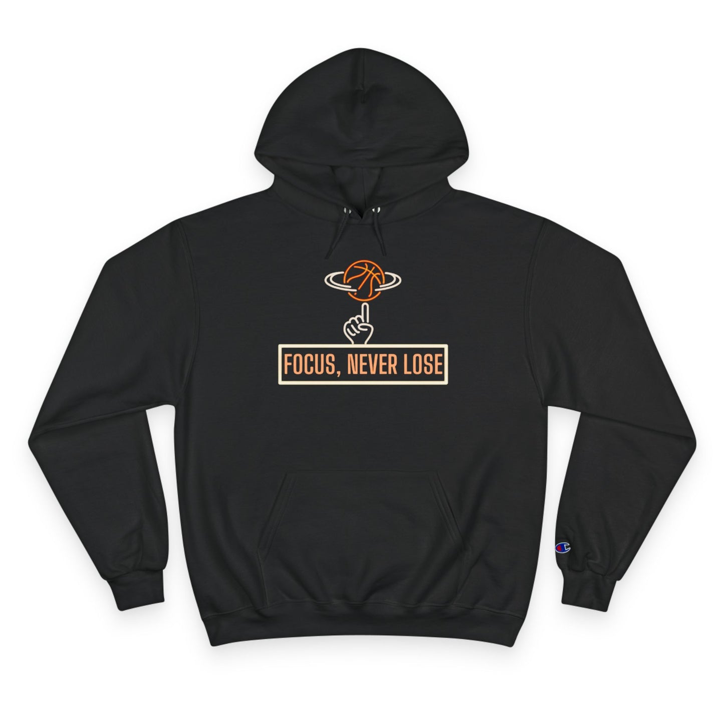 Neon Basketball Champion Hoodie with Focus Never Lose slogan and bold high-visibility neon accents.