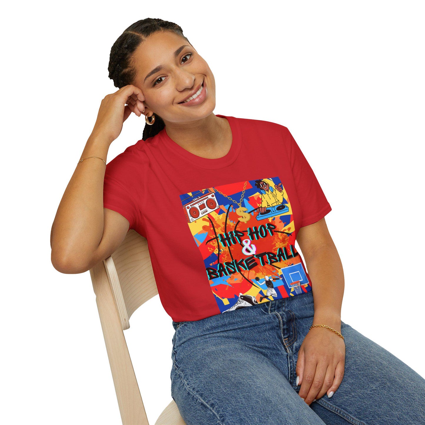 Woman sitting on chair wearing red Hip Hop & Basketball Tee, casual basketball and hip hop apparel