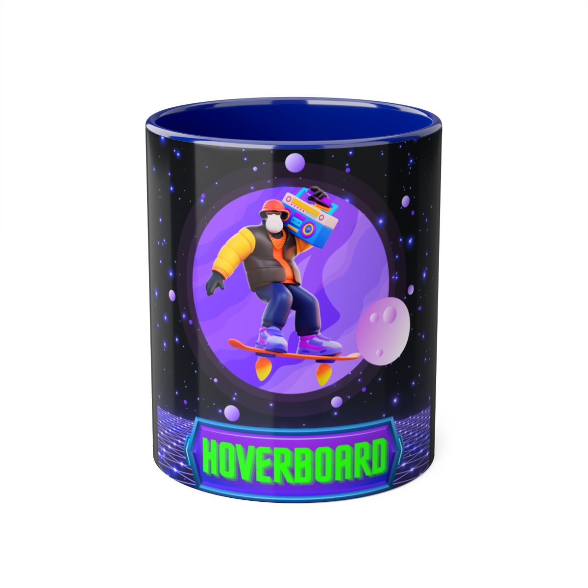 Front view of 80s Sci-fi Gorilla Mug with hoverboard gorilla design