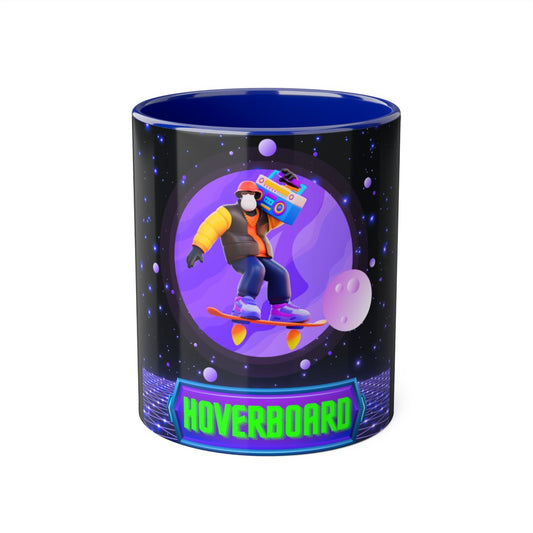 Front view of 80s Sci-fi Gorilla Mug with hoverboard gorilla design