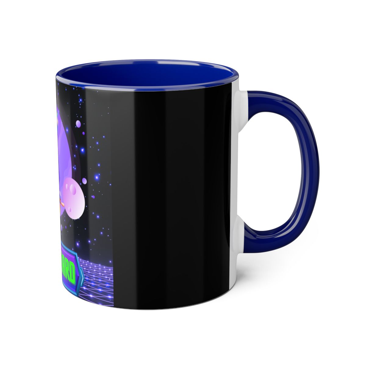 Right side of 80s Sci-fi Gorilla Mug with 3D space scene and character artwork