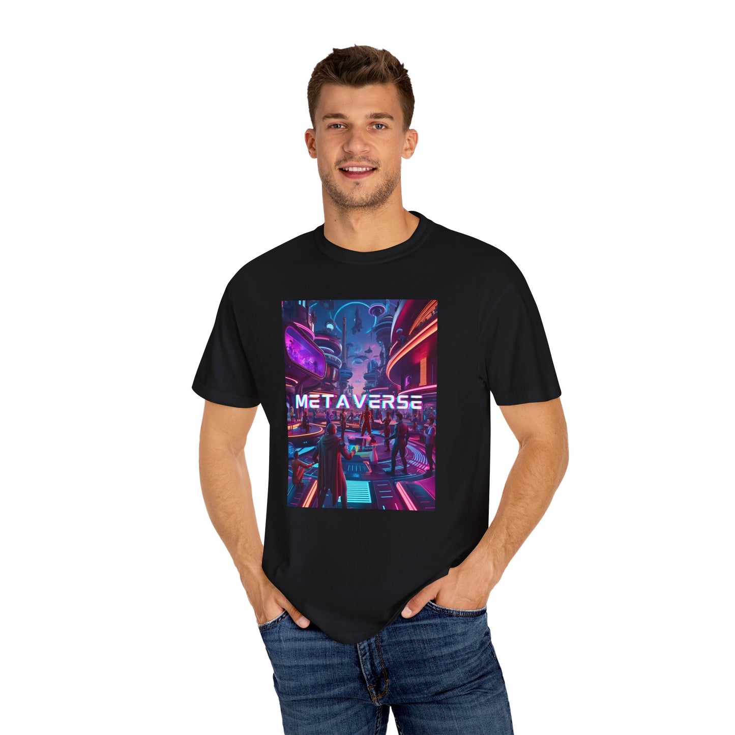Man wearing a black Metaverse T-shirt featuring vibrant graphic design.