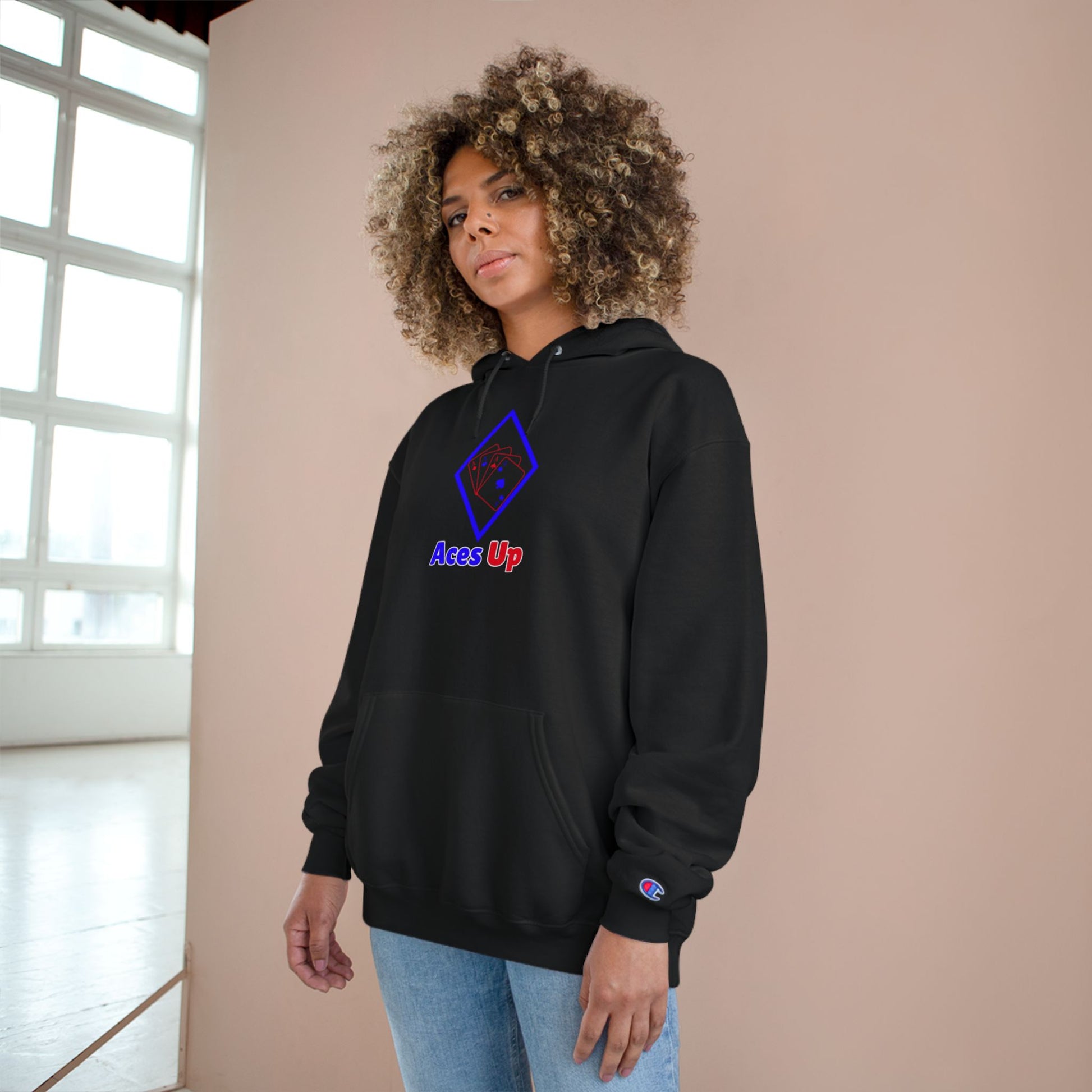 Red Blue Diamond Ace Playing Cards Champion Hoodie featuring Aces Up design for card game fans.
