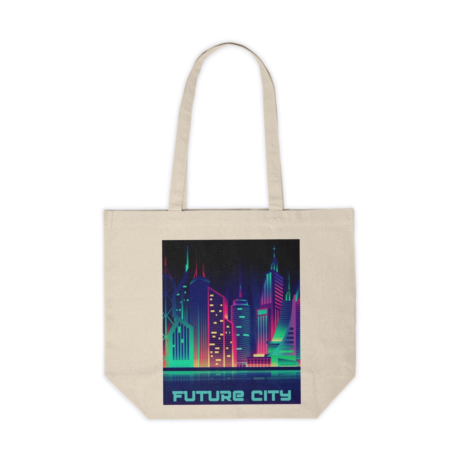 Futuristic Night City Tote Bag front view, reusable streetwear-style bag with neon urban design