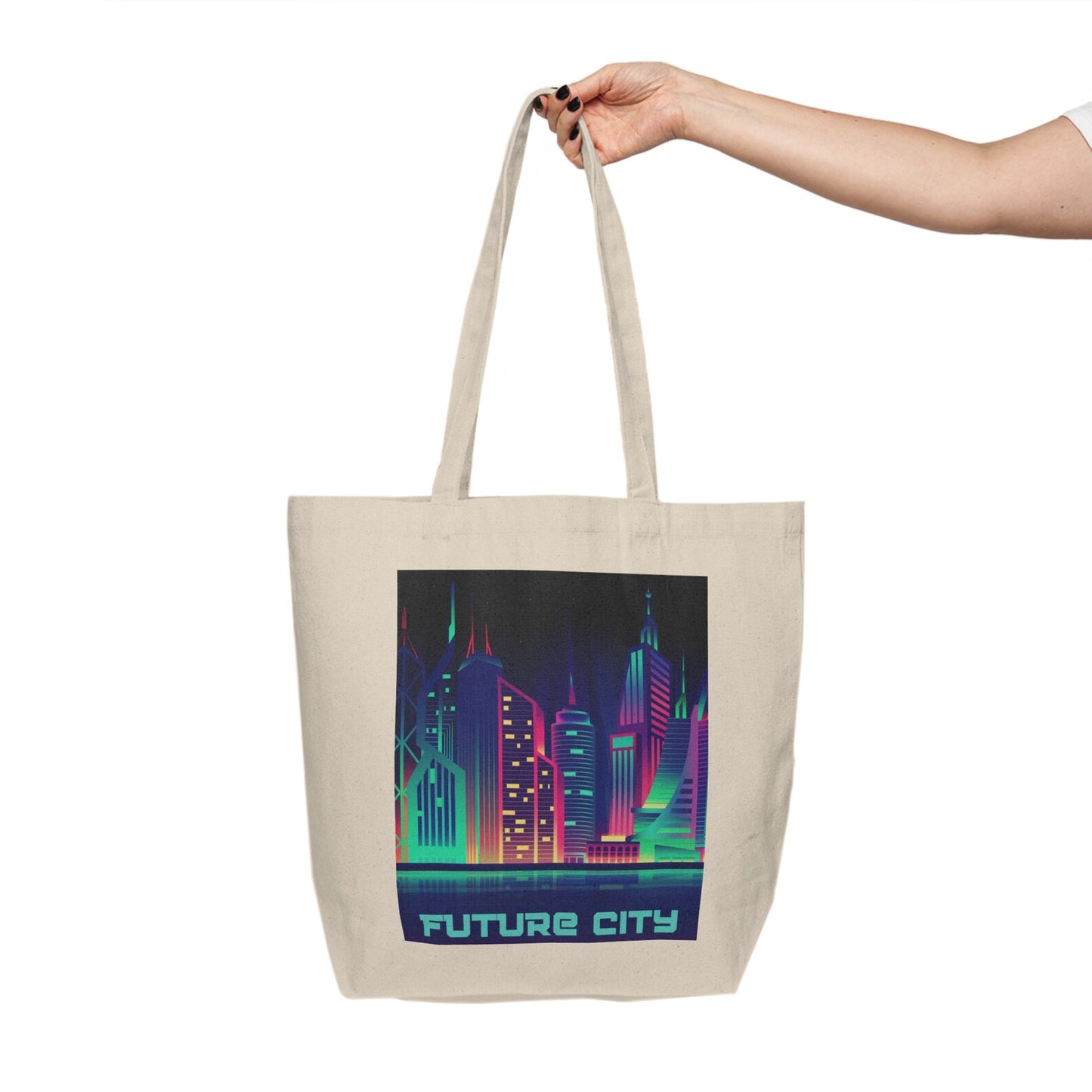 Person holding Futuristic Night City Tote Bag, front view showing urban neon skyline design