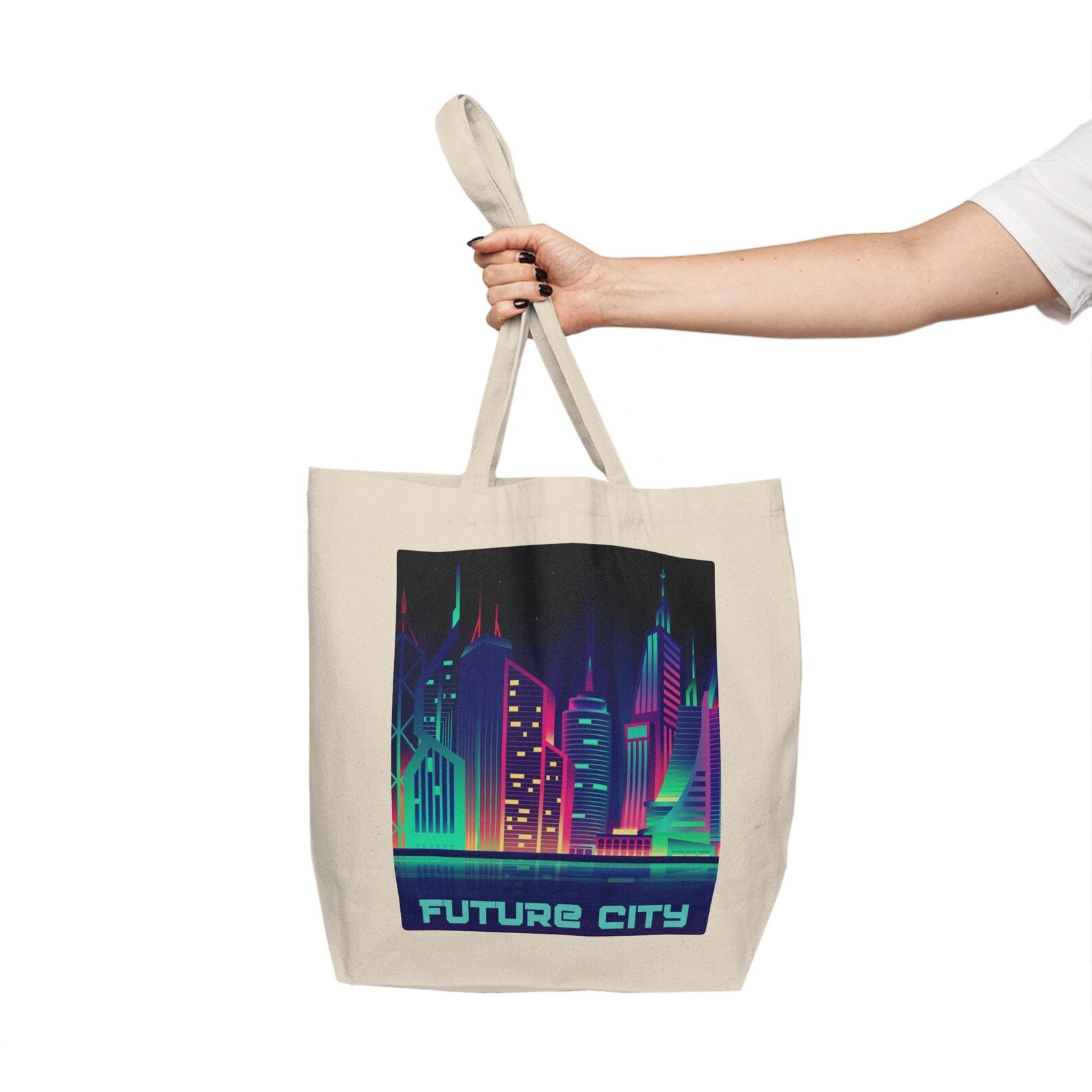Model carrying Futuristic Night City Tote Bag in streetwear outfit, front view of neon design