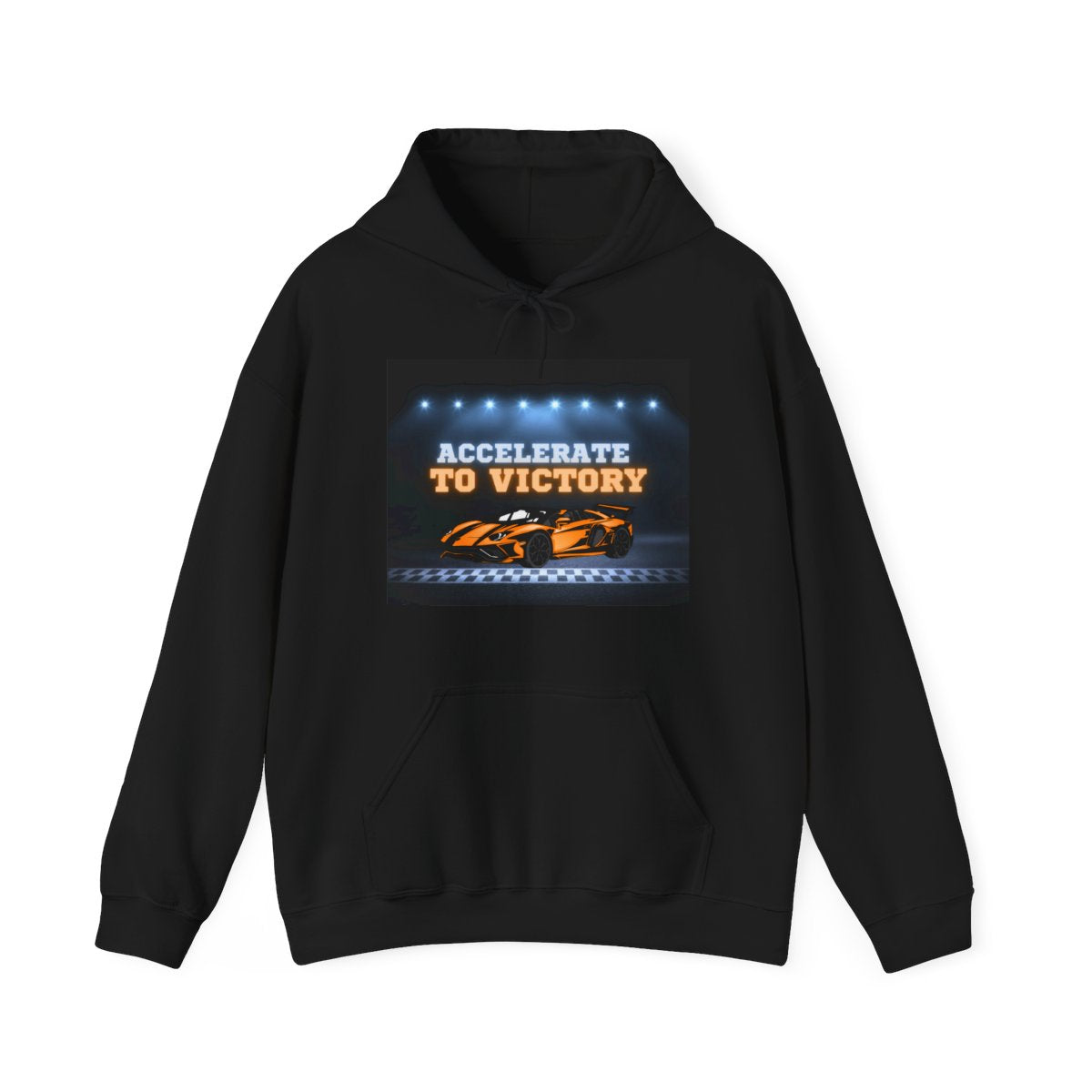 Racing Lamborghini hoodie front view showing Accelerate To Victory race track design