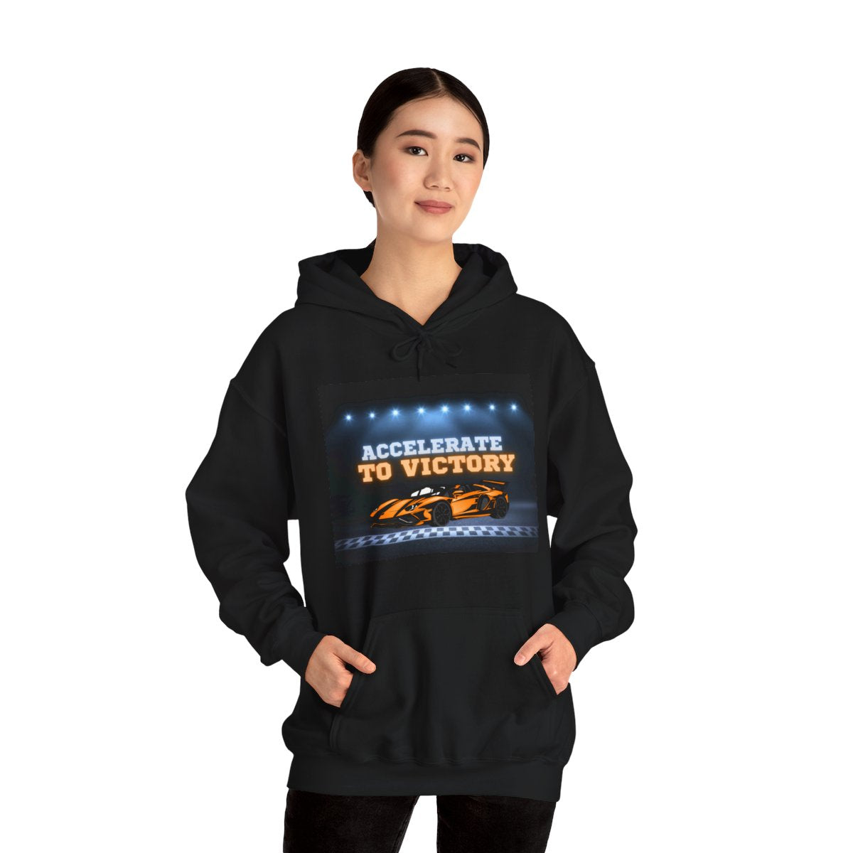 Woman wearing Racing Lamborghini hoodie styled with jeans
