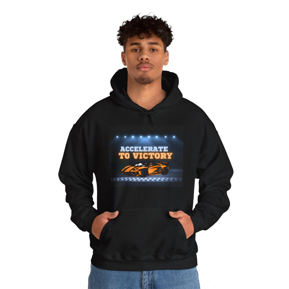 Man wearing Racing Lamborghini hoodie in casual outdoor setting