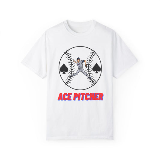 Ace Baseball Pitcher T-Shirt flat lay showing full sports graphic