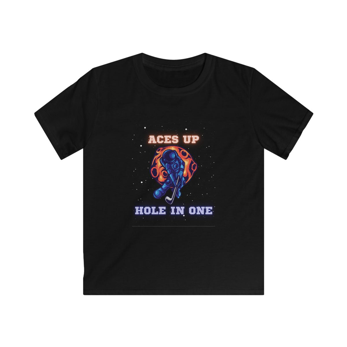 Front view of astronaut kids t-shirt featuring astronaut playing golf on the moon