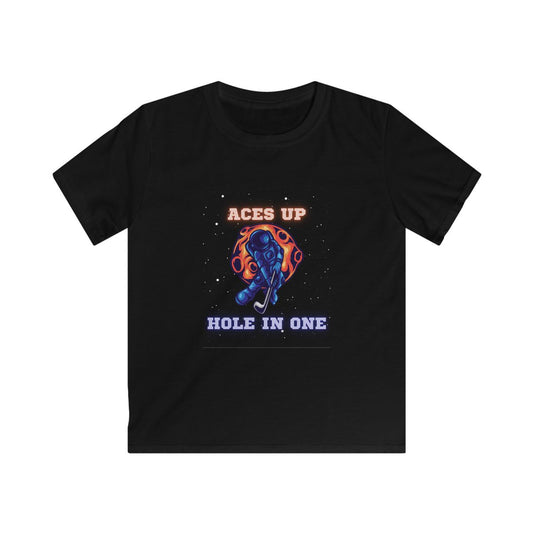Front view of astronaut kids t-shirt featuring astronaut playing golf on the moon
