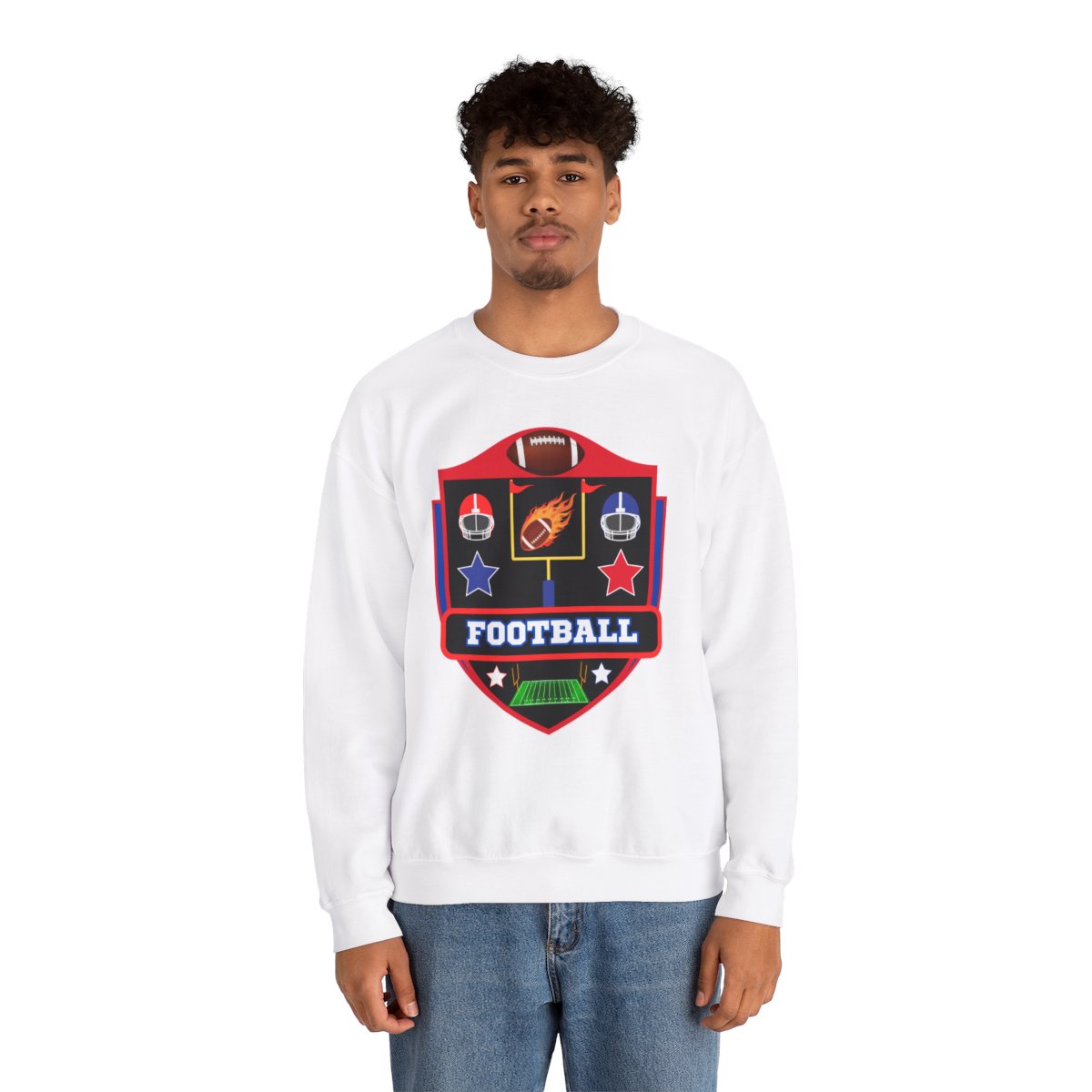Man wearing American football crewneck sweatshirt