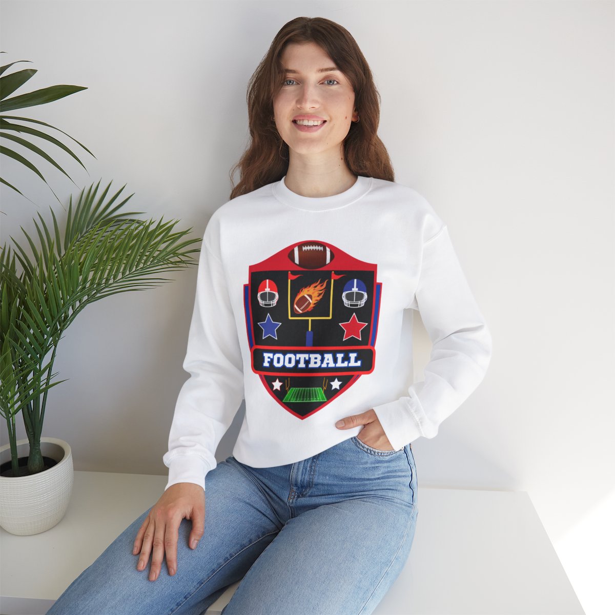 Second woman wearing American football crewneck sweatshirt in lifestyle setting