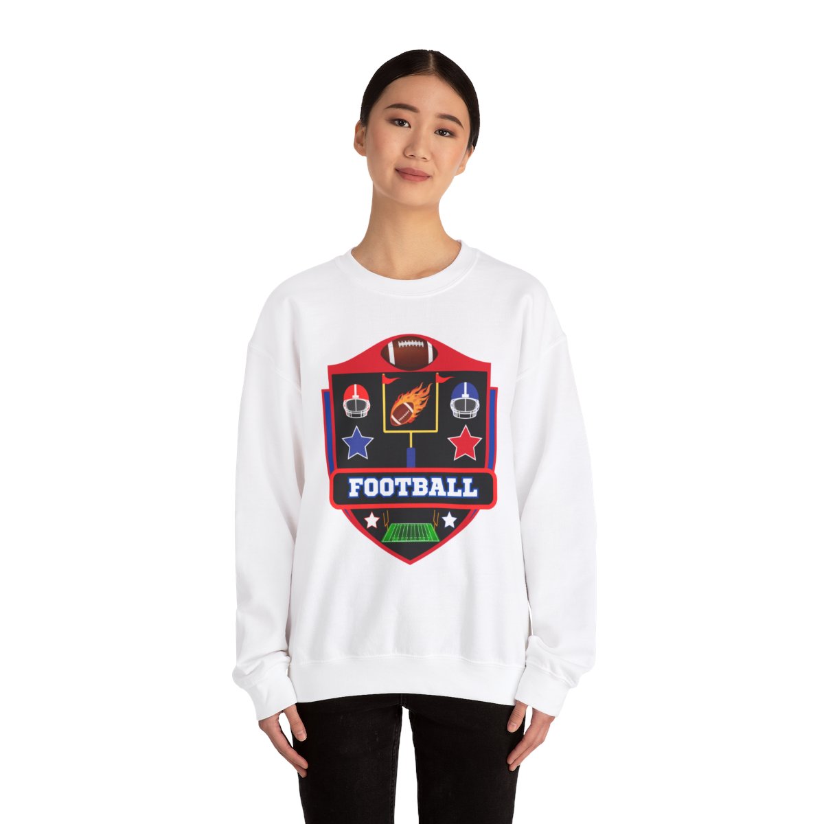 Woman wearing American football crewneck sweatshirt in lifestyle mockup