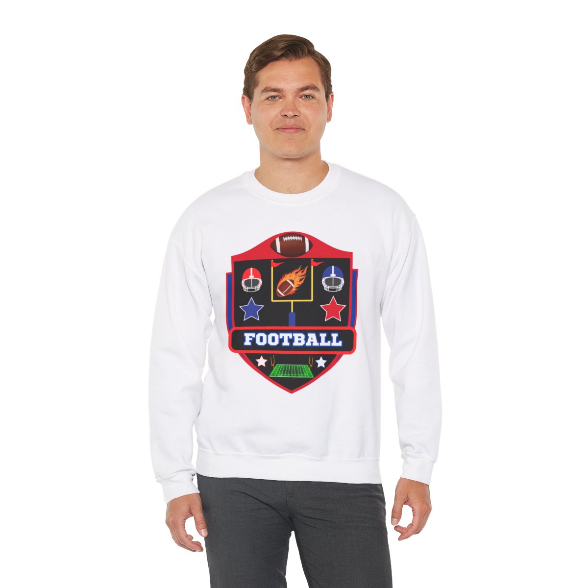 Second man wearing American football crewneck sweatshirt in lifestyle setting