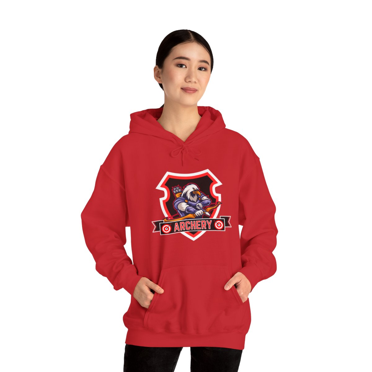 Woman wearing archer eagle hoodie displaying front design