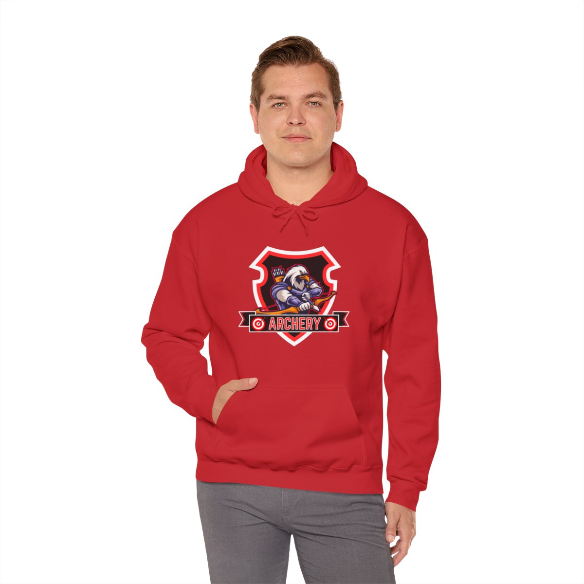 Lifestyle image of man wearing archer eagle hoodie outdoors