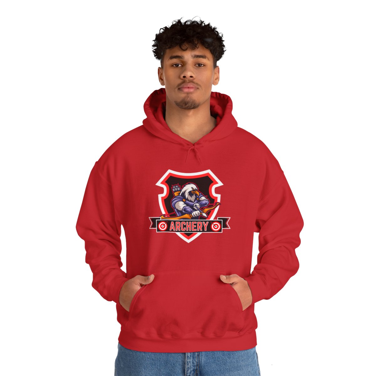 Man wearing archer eagle hoodie showcasing front eagle design