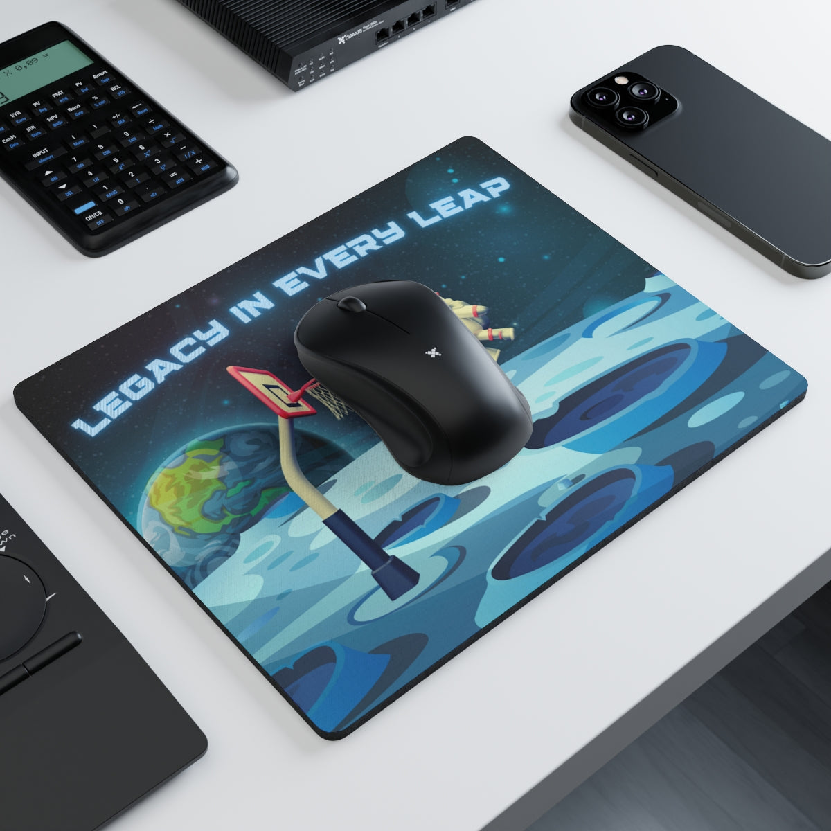 Astronaut Basketball Mouse Pad on desk with keyboard and gaming mouse