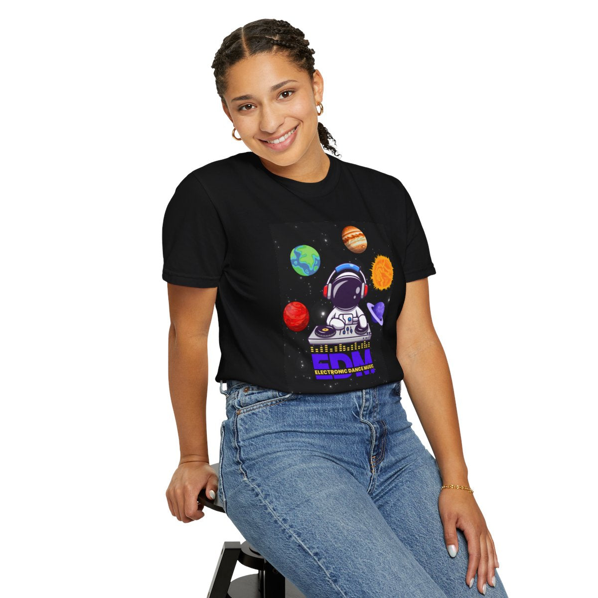 Woman wearing Astronaut DJ EDM T-Shirt with space rave design