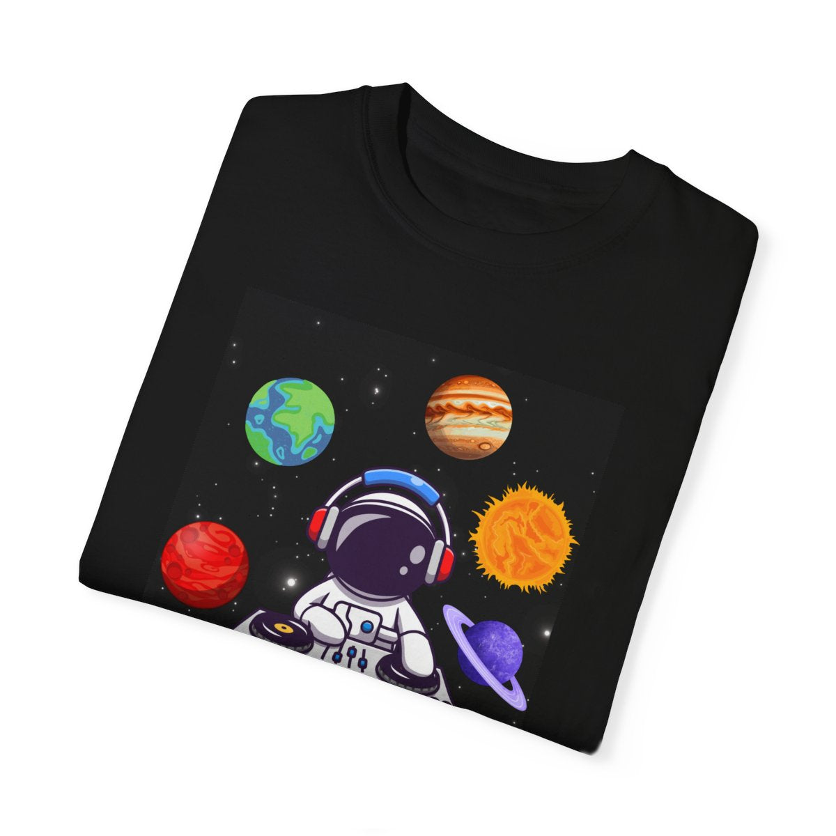 Folded Astronaut DJ EDM T-Shirt showing cosmic DJ artwork
