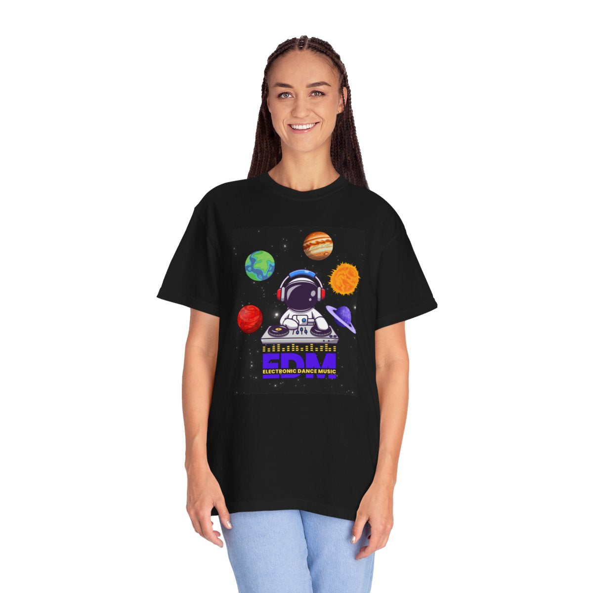 Woman wearing Astronaut DJ EDM T-Shirt with space rave design