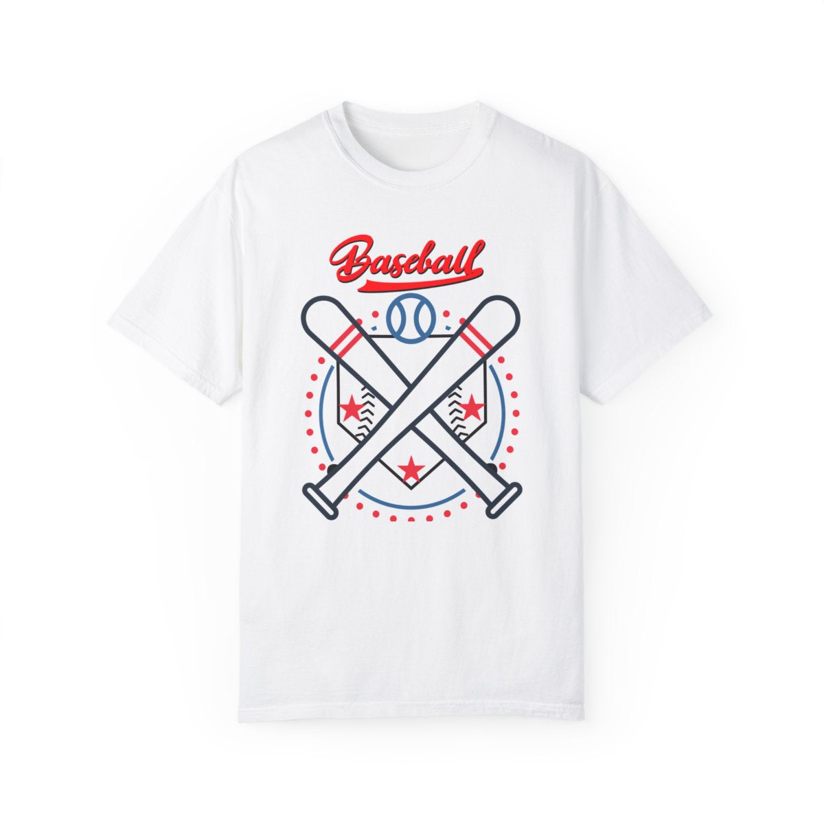 Baseball Bats and Home Plate Unisex T-Shirt front view with baseball graphic