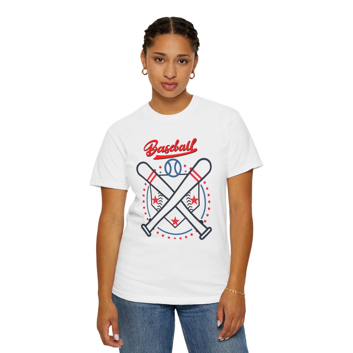 Woman wearing Baseball Bats and Home Plate Unisex T-Shirt, sporty and stylish fan look