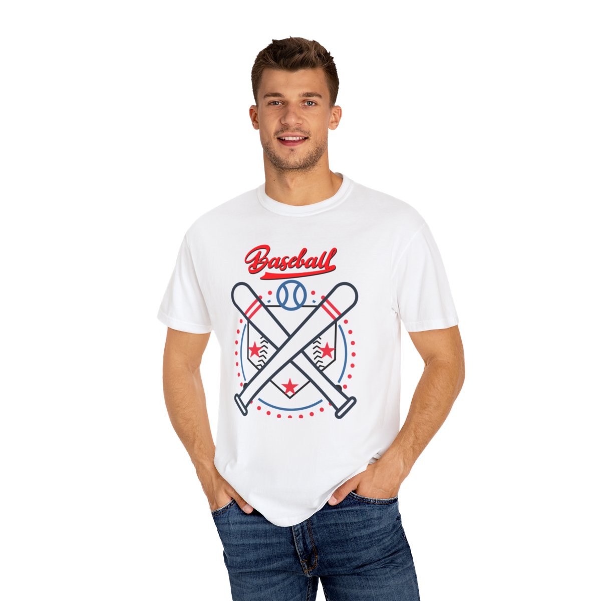 Man wearing Baseball Bats and Home Plate Unisex T-Shirt, casual baseball fan style