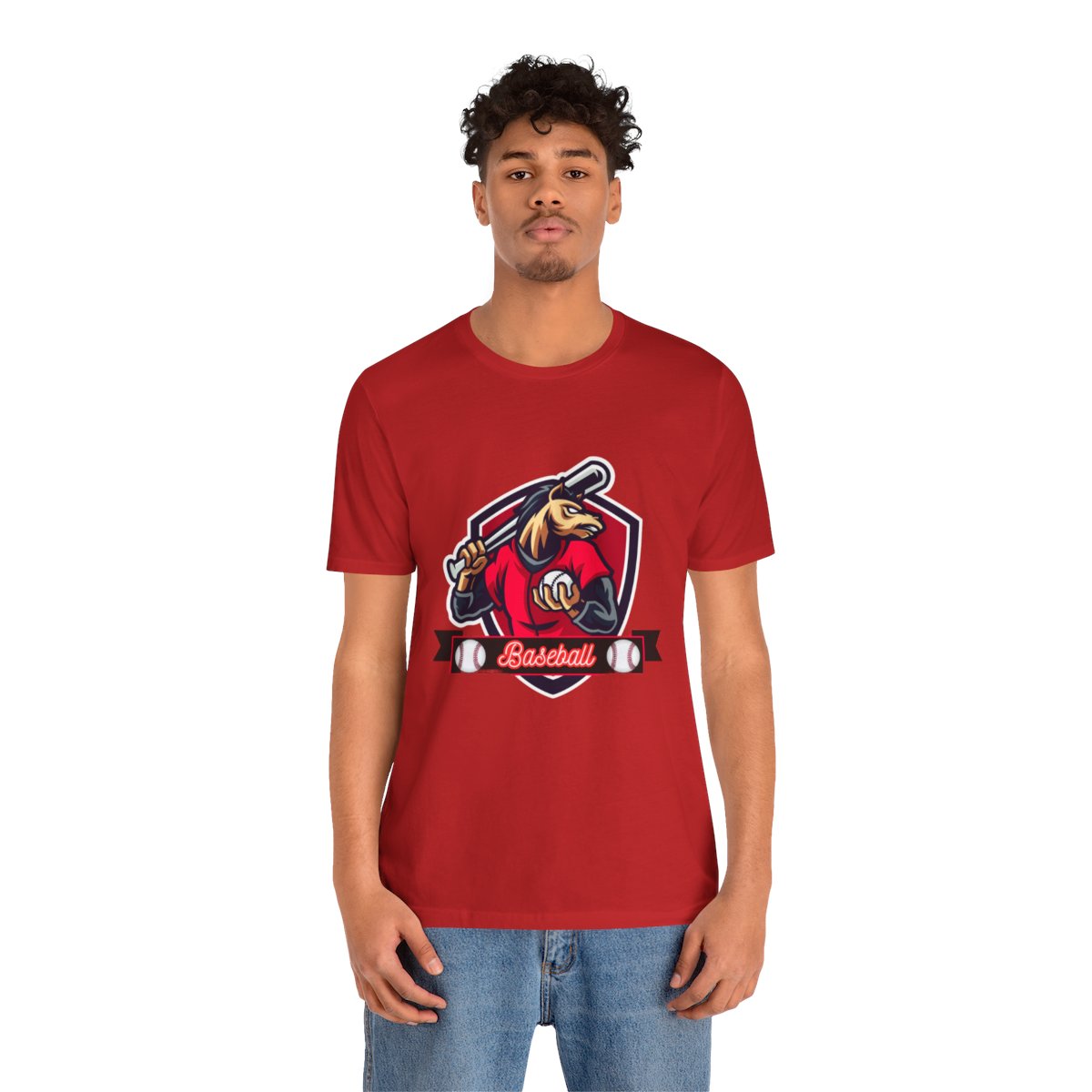 Man wearing baseball horse mascot t-shirt showing front mascot design
