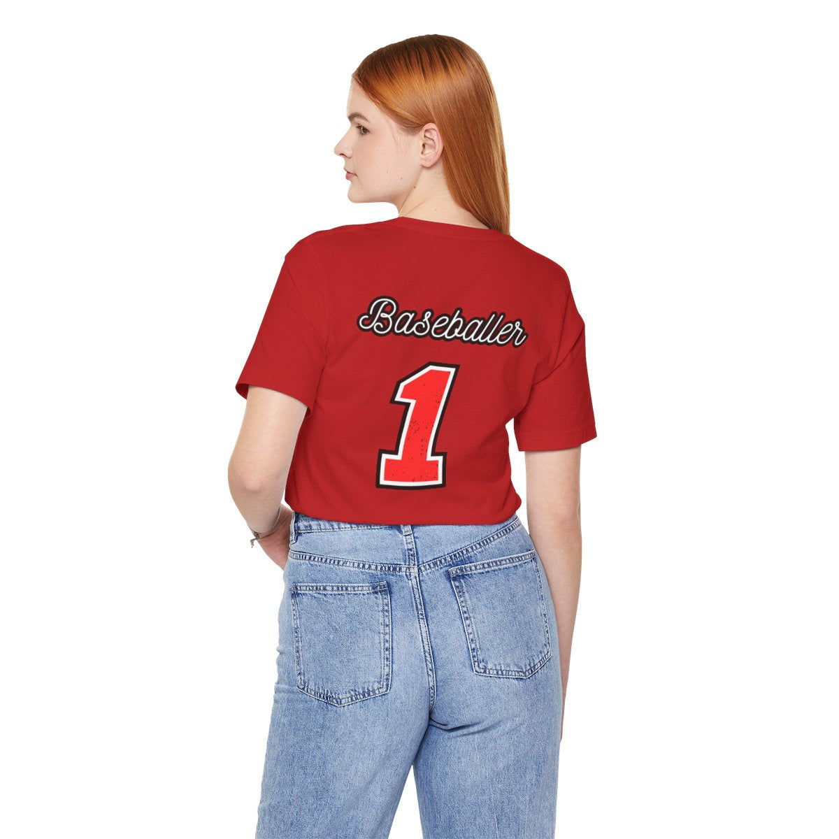 Back view of baseball horse mascot t-shirt worn by woman with “Baseballer 1” print