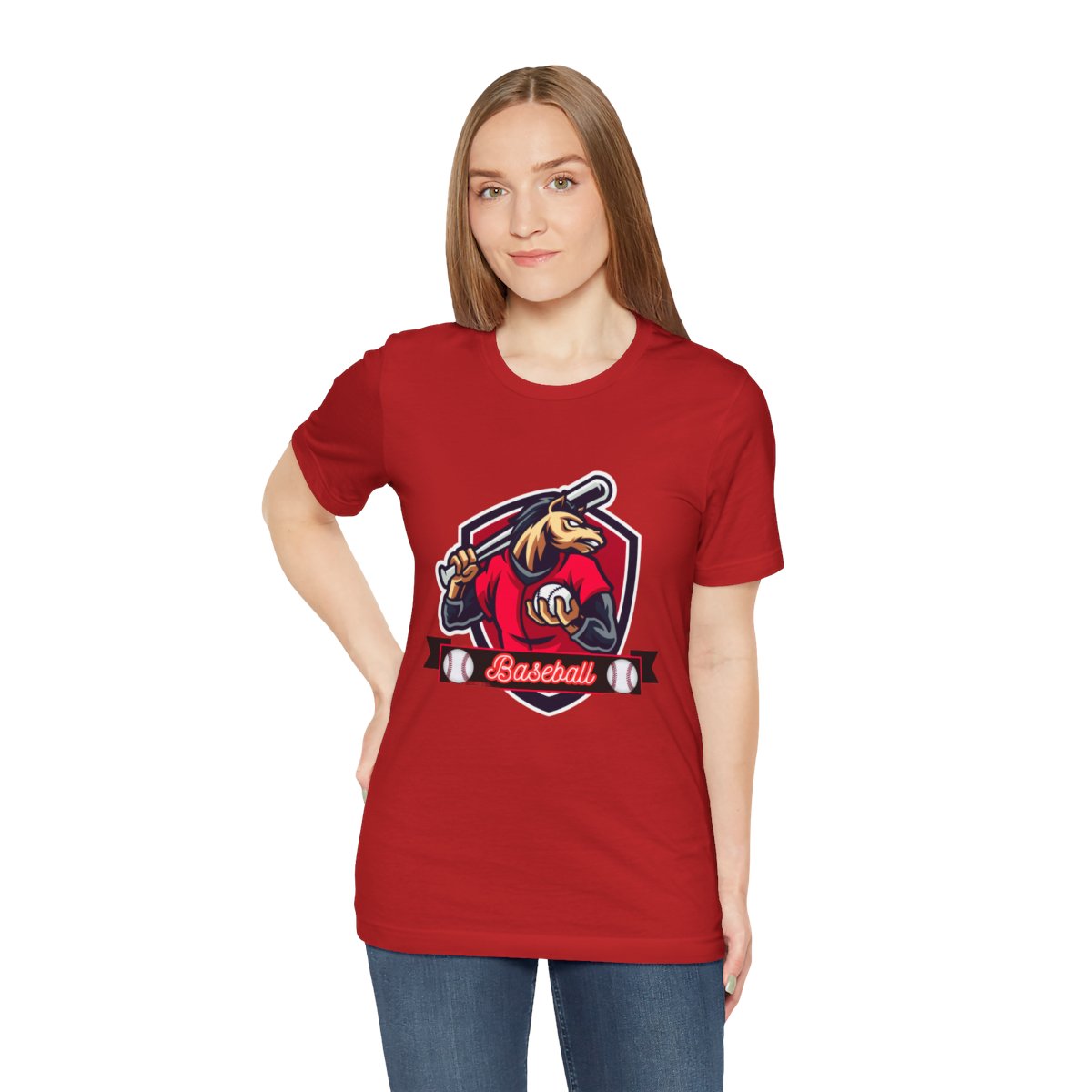 Woman wearing baseball horse mascot t-shirt featuring mascot design