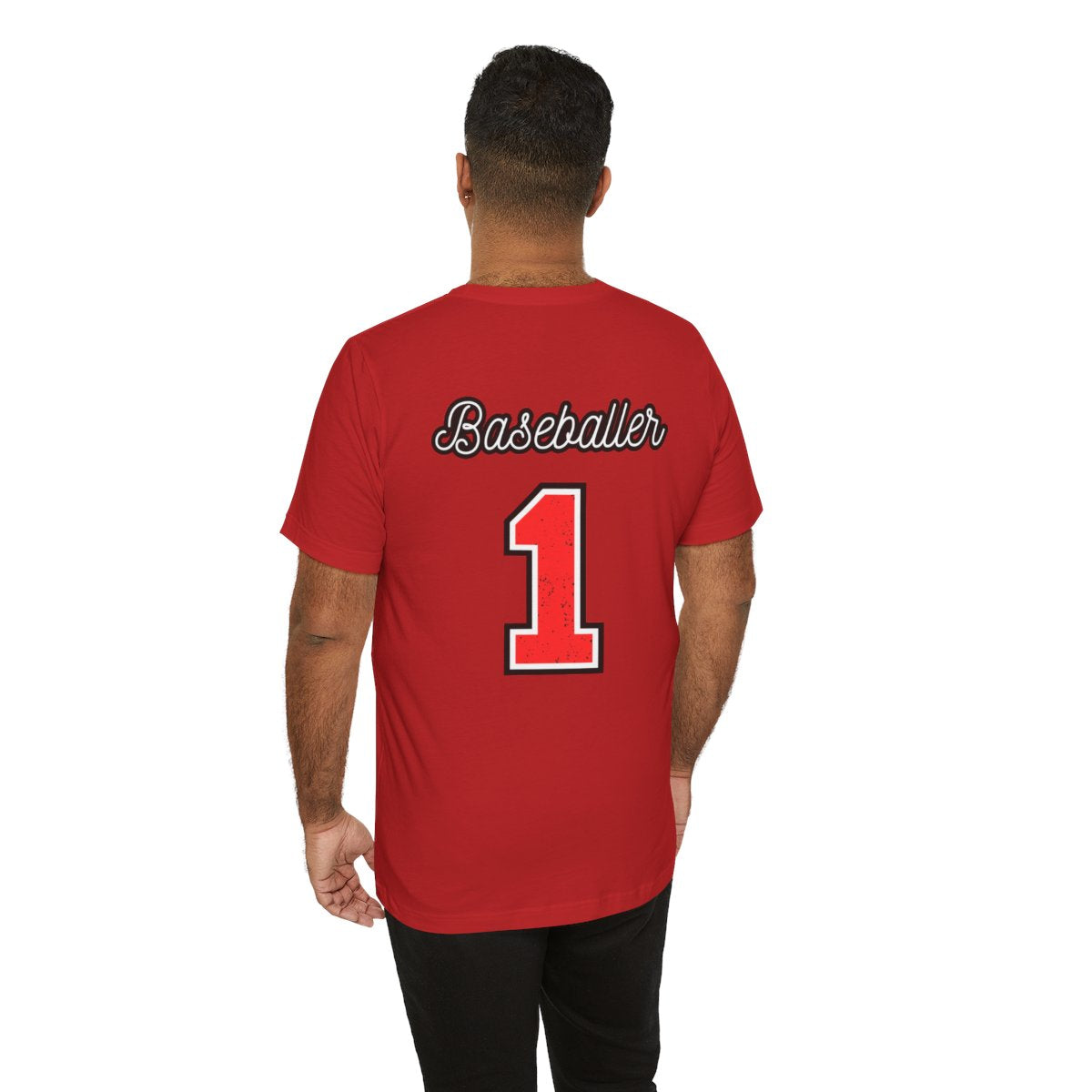 Back view of baseball horse mascot t-shirt worn by man with “Baseballer 1” print
