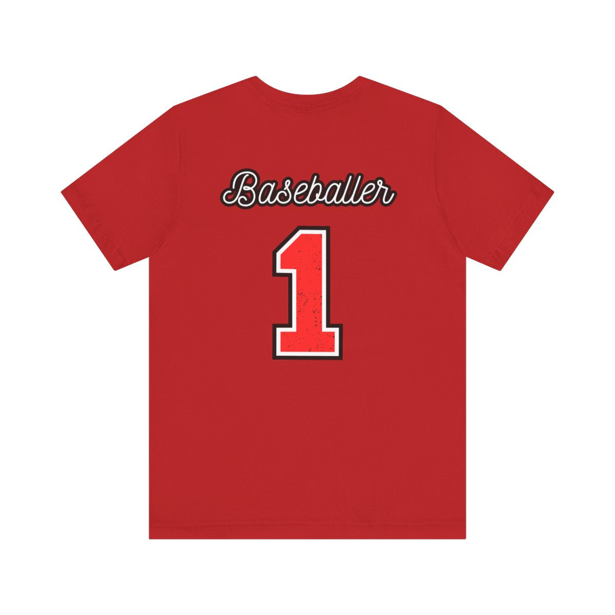 Showing the back of the shirt saying baseballer 