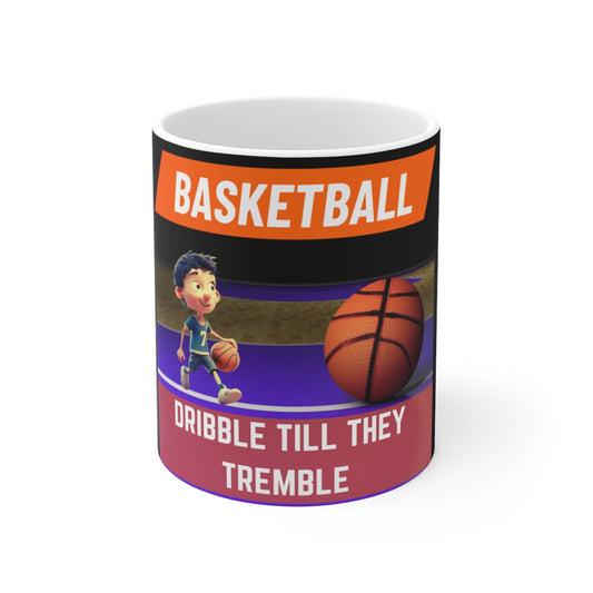 Front view of Basketball Kid Mug with playful basketball player design