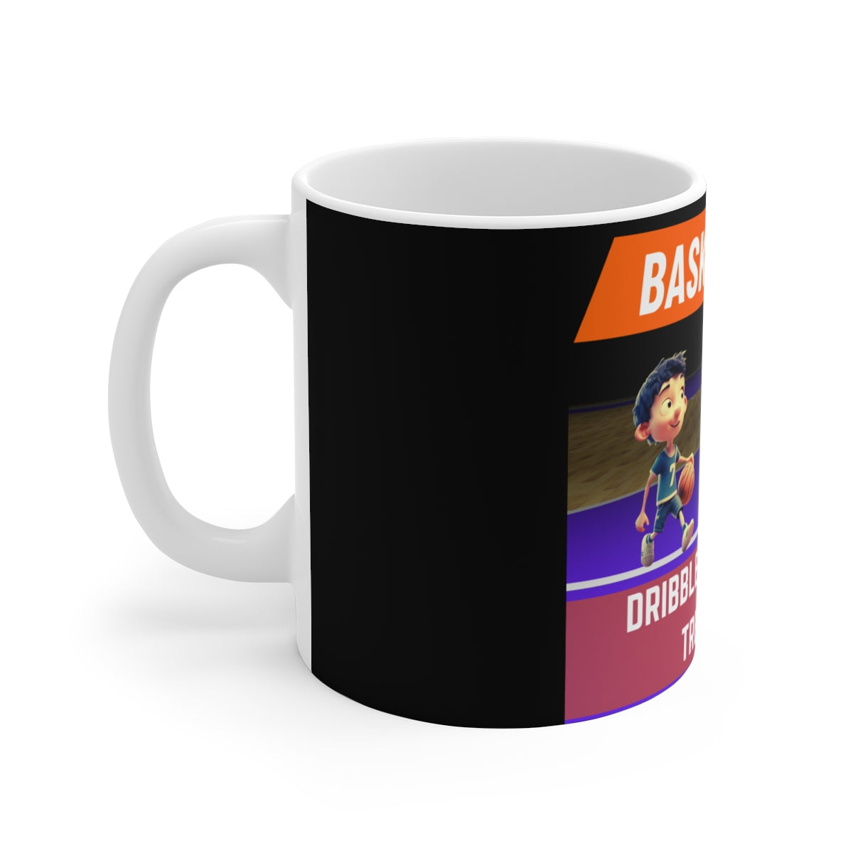 Left side of Basketball Kid Mug showing kid dribbling basketball illustration