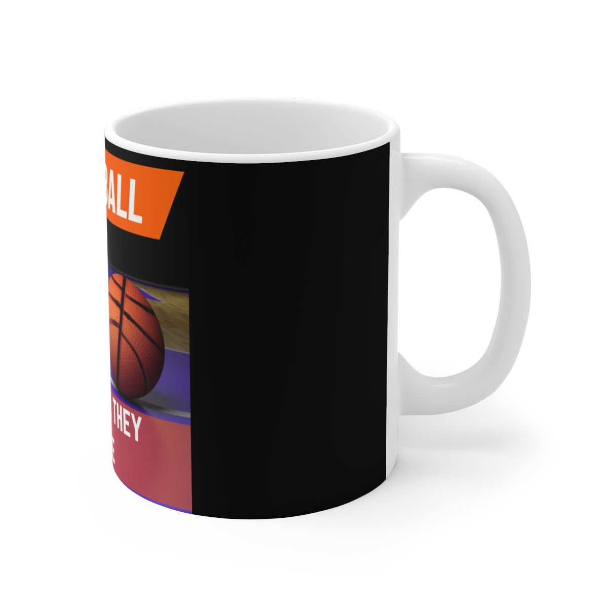Right side of Basketball Kid Mug with cartoon basketball artwork