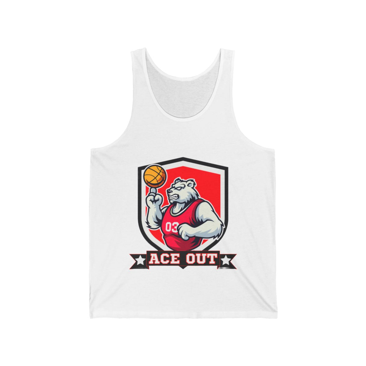 Front view of Bear Basketball Player unisex jersey tank top in white