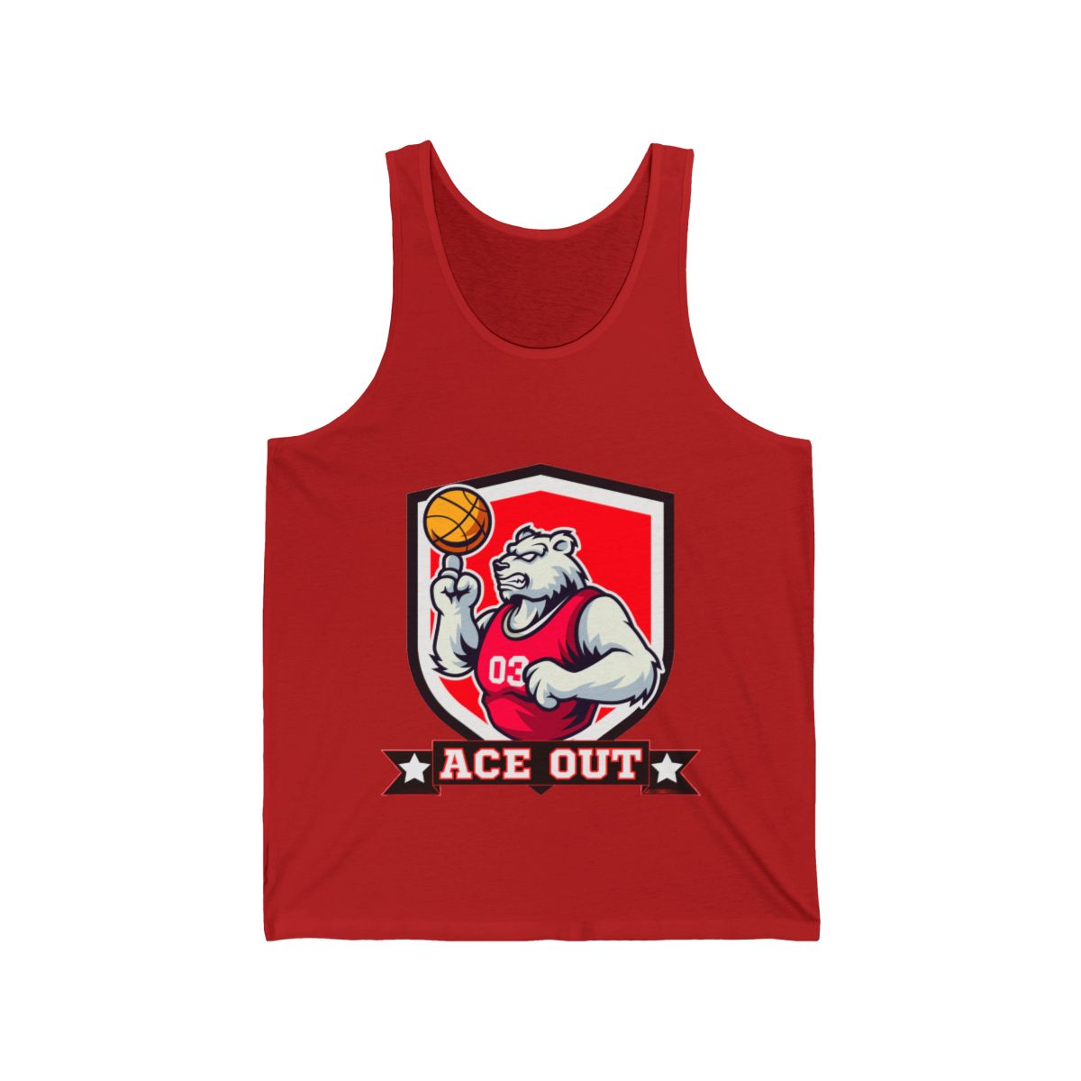 Front view of Bear Basketball Player unisex jersey tank top in red