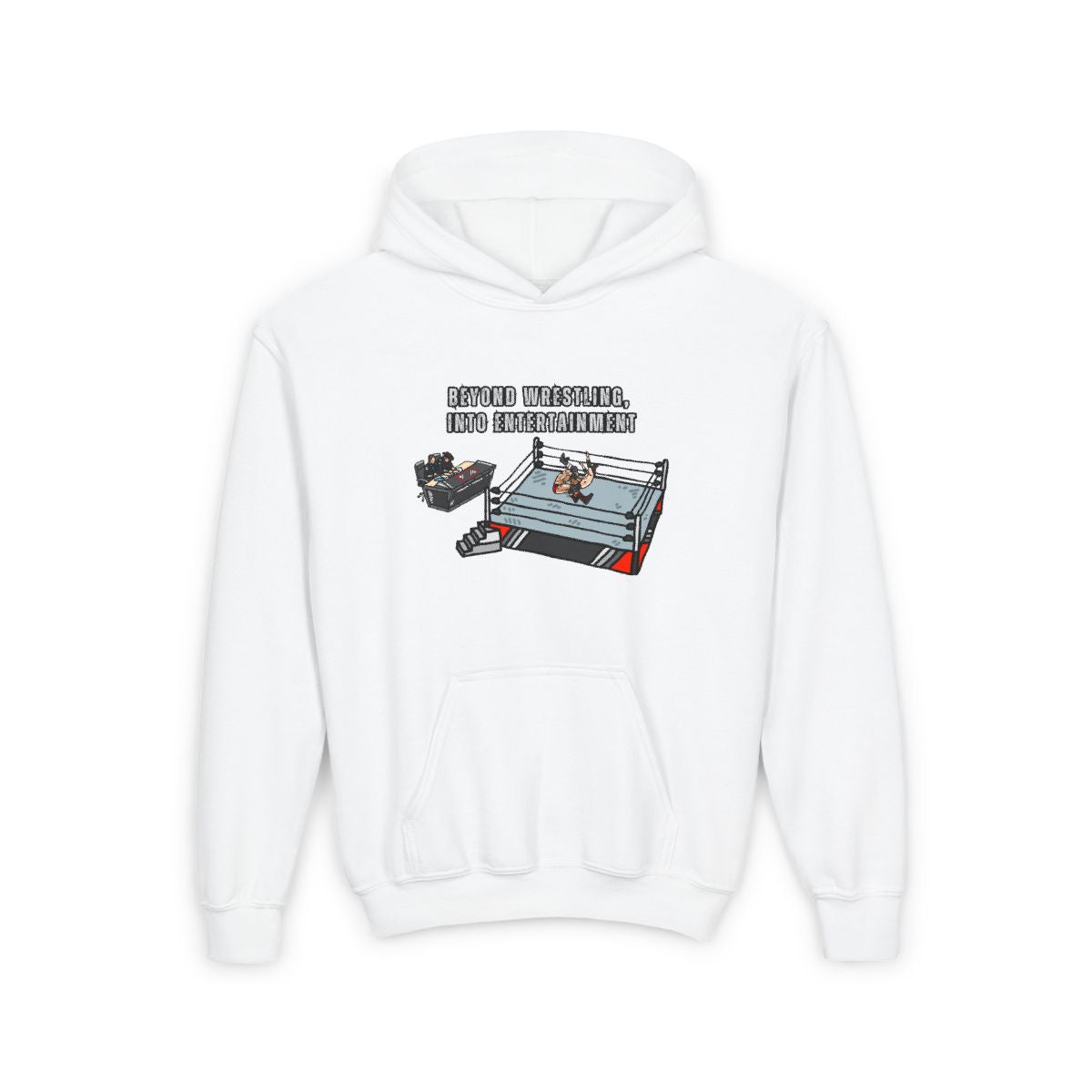 White Youth Wrestling Match Hoodie, unisex kids heavy blend sweatshirt with wrestling-inspired design