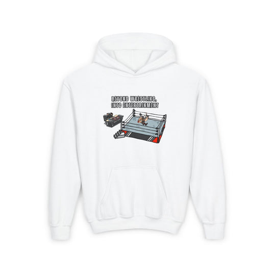 White Youth Wrestling Match Hoodie, unisex kids heavy blend sweatshirt with wrestling-inspired design