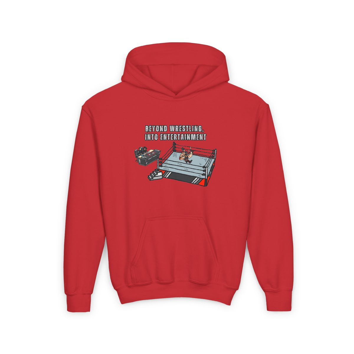 Red Youth Wrestling Match Hoodie, boys and girls unisex heavy blend sweatshirt with pro wrestling graphic